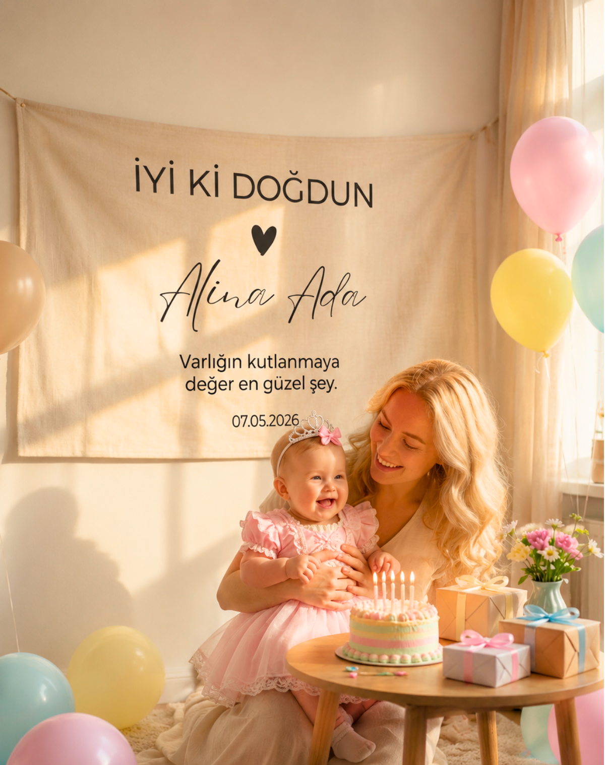 Vintage Yatay Parti Örtüsü | Doğum Günü Arka Fonu - El Yapımı Bej Kumaş Banner