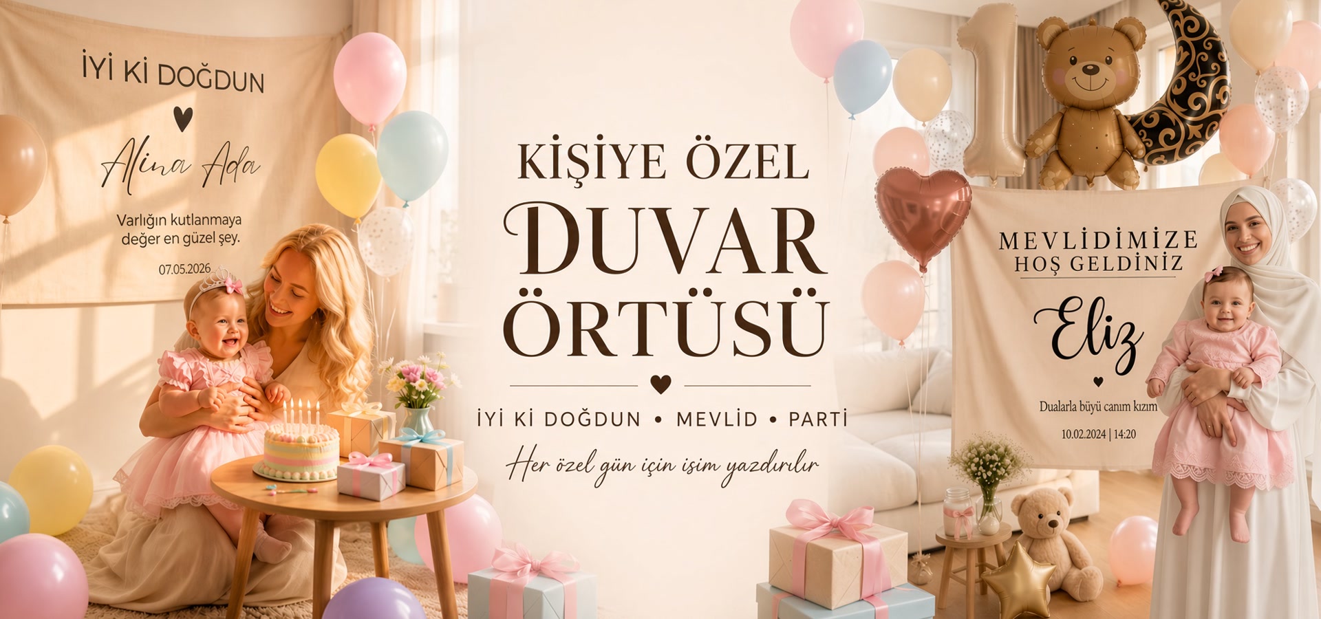 Kişiye Özel Duvar Örtüsü | İsimli Doğum Günü & Mevlid Banner
